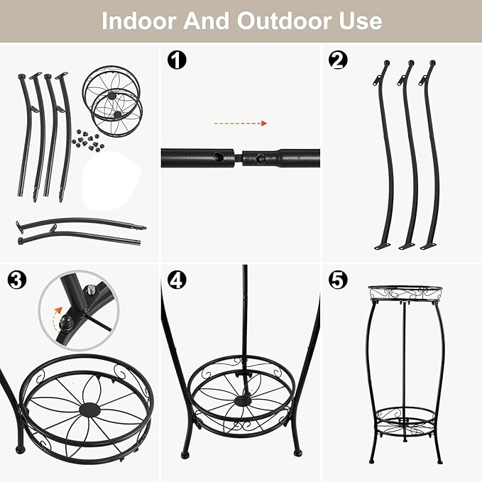 Tall Plant Stand Indoor Outdoor, 2Tier Metal Potted Flower Pot Stand, Heavy Duty Iron Planter Shelves Rack Anti-rust, 27" (Black)