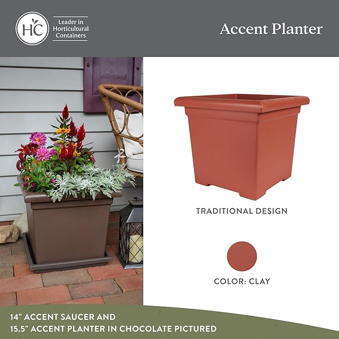 Accent Square Planter - The HC Companies 15.5-Inch Large Square Flower Box Planter for Indoor & Outdoor Flowers/Plants, Pairs w/ 15.5" Clay Accent Saucer SRO15500E35 Clay (ROS15500E35)
