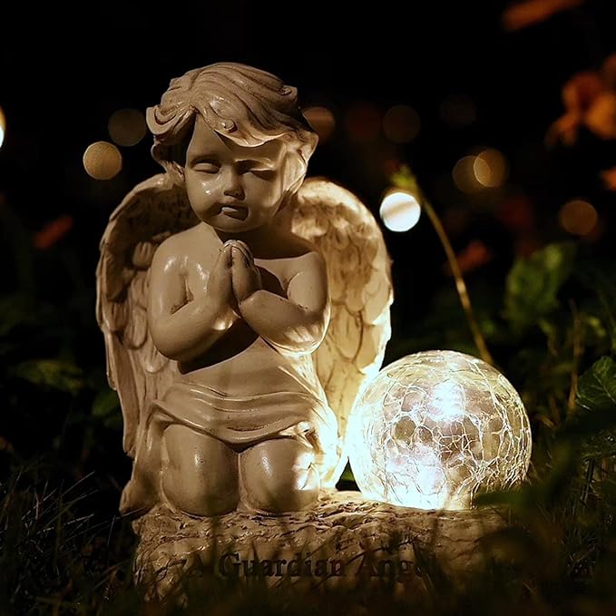 Angel Decor Praying Cherubs Statue, Garden Decor with Solar Crackle Glass Globe for Lawn Patio Decorations