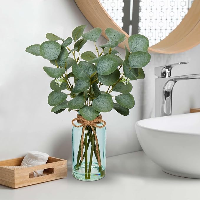 Briful Artificial Eucalyptus Stems in Blue Glass Vase with Faux Water, 14" Fake Plant Eucalyptus Leaves for Home Farmhouse Wedding Centerpiece Bathroom Décor