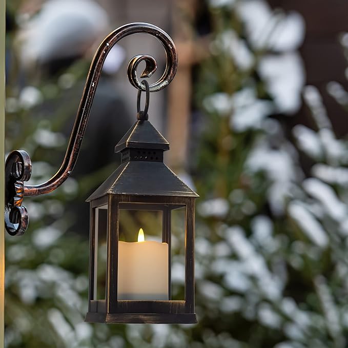 Vintage Golden Brushed Black Lantern Decorative LED Flickering Flameless Candle with Timer, Battery Powered LED Decorative Hanging Lanterns for Indoor Outdoor Garden Yard Home Decor(2 Pack)