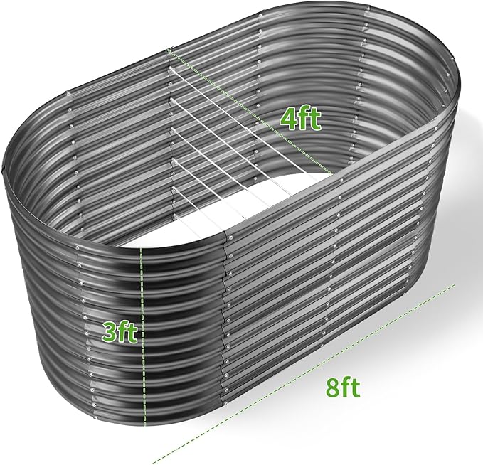 Land Guard 8x4x3ft Oval Galvanized Raised Garden Beds, Large-Capacity Metal Planter Box Outdoor, Durable Deep Raised Garden Bed 3ft Tall, Raised Beds for Gardening Vegetables, Modern Gray