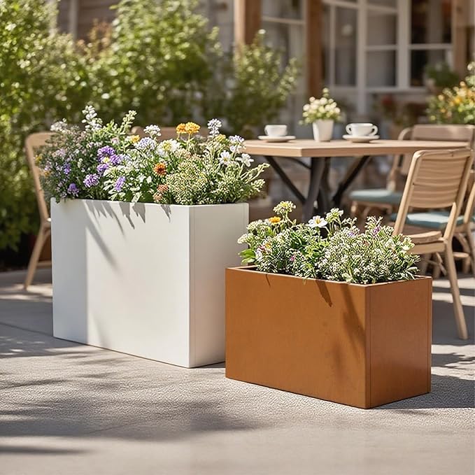 GZLVSOW White Metal Long Planter for Outdoor Plants 24" x 10" x 24" Metal Rectangular Outdoor Planter Box Spliced Flower Box with Partitions for Outside,Indoor,Garden (White, 24 * 10 * 24)