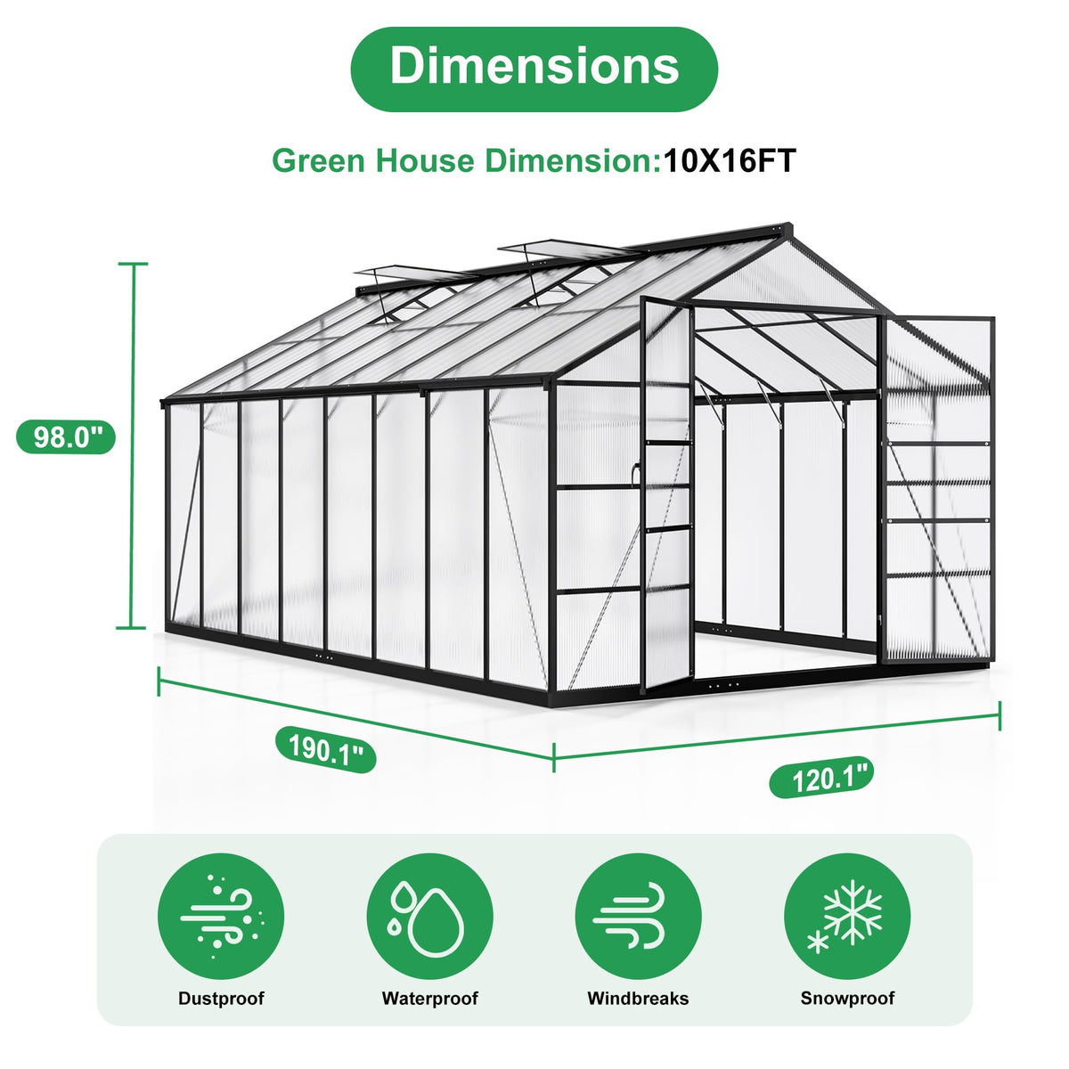 Polar Aurora 10X16 FT Walk-in Polycarbonate Heavy Duty Greenhouse