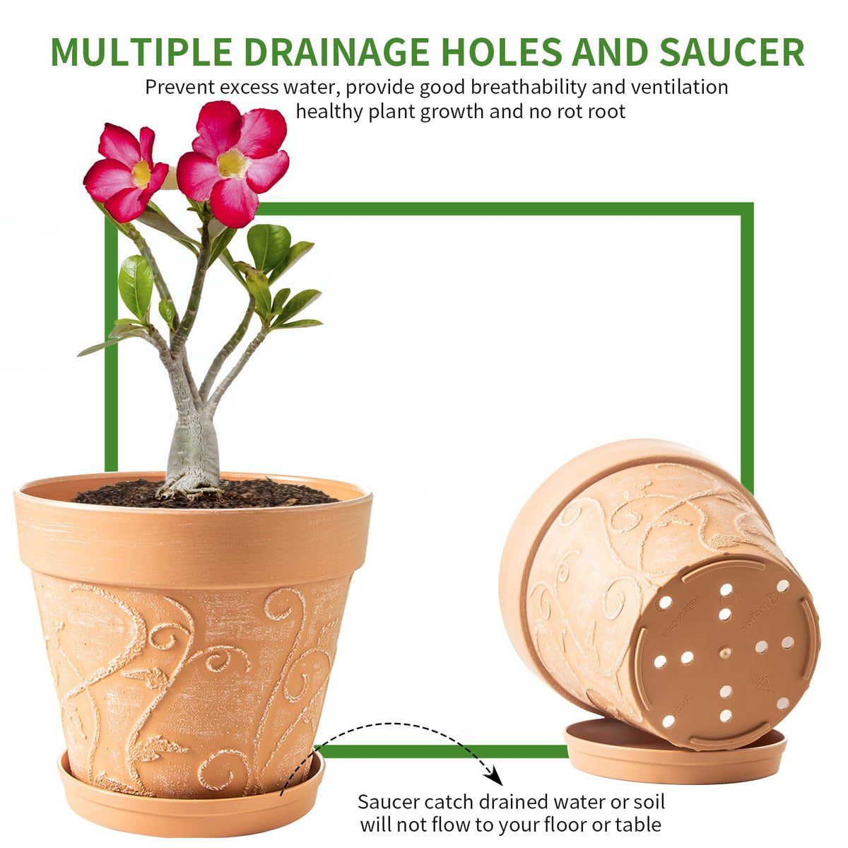 Melphoe Plant Pots Indoor with Drainage & Saucer, 2Pack 10 inch Flower Pots Outdoor Planters for Indoor Plants Garden Home Decor Cactus Succulent, Rigid Plastic (Imitation-Terracotta) Vine-Embossed