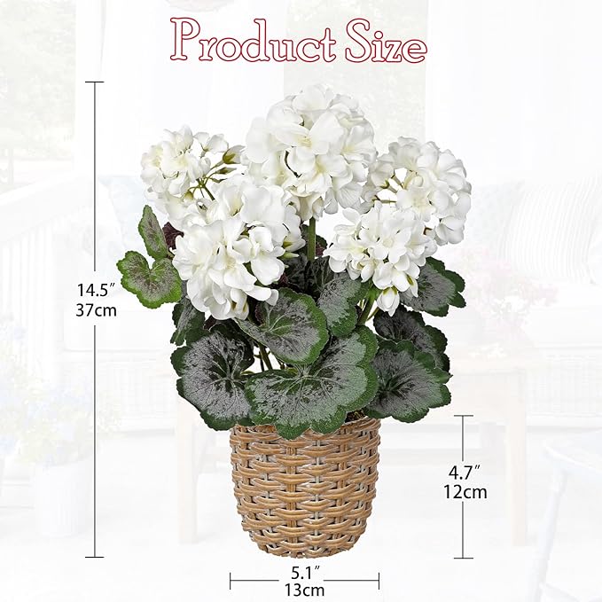 Briful Artificial White Geranium Flowers in Woven Basket, 14.5’’ Tall Silk Flower Arrangement, Realistic Geraniums Artificial Outdoor Plants for Home Indoor Farmhouse Table Wedding Centerpiece Decor