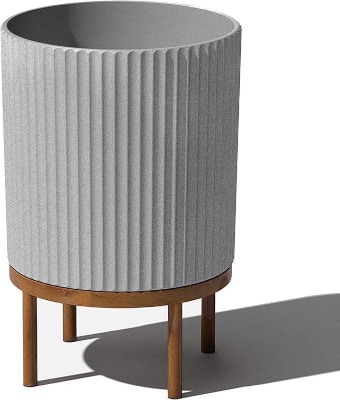 Veradek Demi Series Round Planter w/ Stand for Porch/Patio | Durable Plastic-Concrete & Wooden Stand | Modern Décor for Tall Plants, Flowers