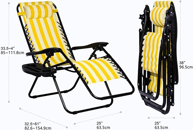 Nazhura Set of 2 Relaxing Recliners Patio Chairs Adjustable Steel Mesh Zero Gravity Lounge Chair Beach Chairs with Pillow and Cup Holder (Yellow Stripe)