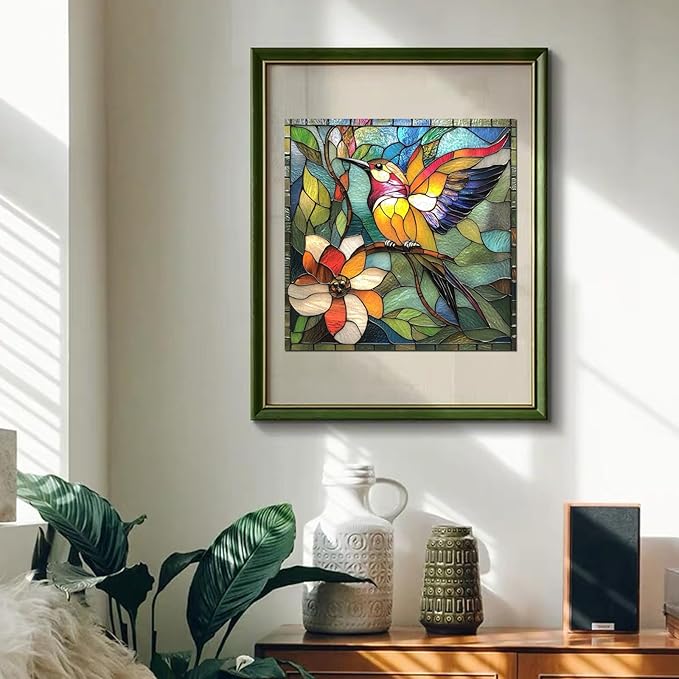 Qiuenisray Wooden Puzzles for Adults 500 Piece, Stained Glass Hummingbird Puzzle, FSC Certified Wall Decor Unique Animal Shape Puzzles, for Family Friend 15.9x15.9 in