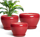 Ceramic Plant Pots, 10+8+6 Inch Ceramic Planters with Drainage Holes and Saucers, Round Decorative Pots for Plants Indoor Outdoor, House Decor, Gifts for Plant Lovers, Set of 3, Bright Red
