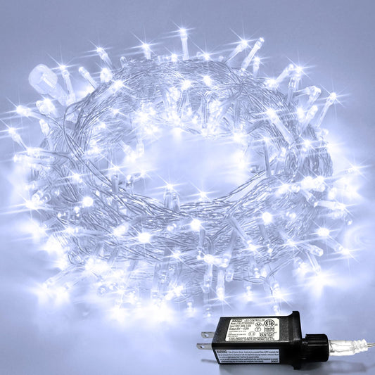 JMEXSUSS Connectable 8 Modes 100 LED White Christmas Lights Clear Wire