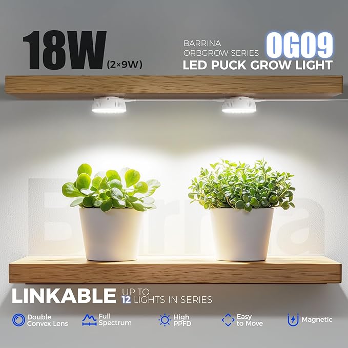 Barrina Orbgrow OG09 Puck Grow Light, 5000K 18W(2 x 9W, 270 Watt Equiv), Full Spectrum Plant Light for Indoor Plants, Magnetic & Linkable with Timer, 5 Levels Dimmable for Plant Shelf, 2 Packs