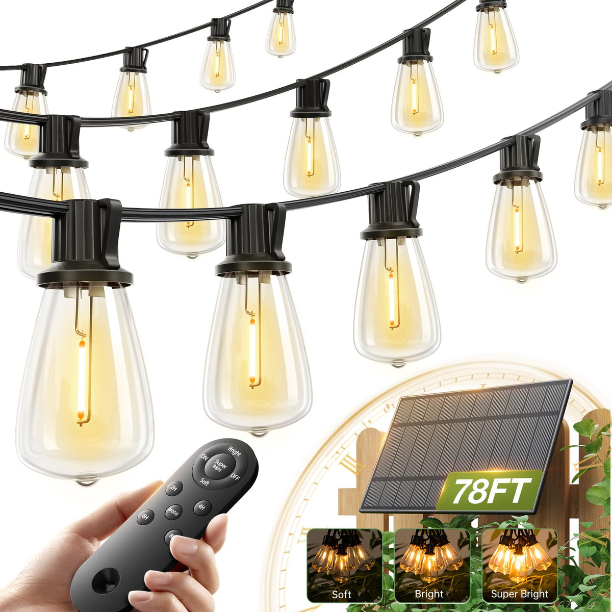 addlon 72FT Solar String Lights Outdoor, Waterproof Dimmable 24+2 LED