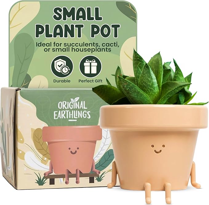 Original Earthlings Sitting Small Plant Pot - 4 Inch Cute Plant Pot - Succulent & Cactus Christmas Planters, Removable Drainage Plug, Cute Decor Plant Gifts for Plant Lovers, Teacher Gifts