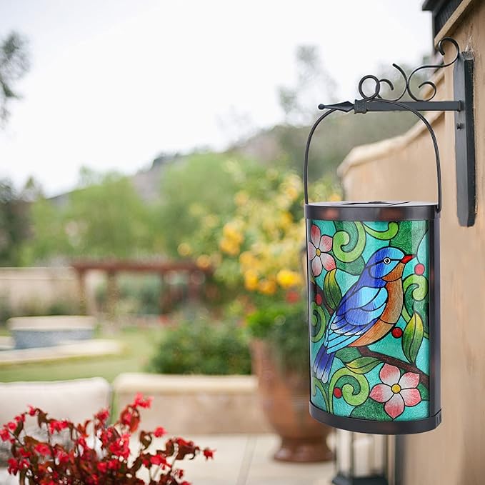 Afirst Hanging Solar Lantern - Decorative Outdoor Glass Solar Bird Lights Waterproof Led Tabletop Lamp for Garden Yard Patio Decor