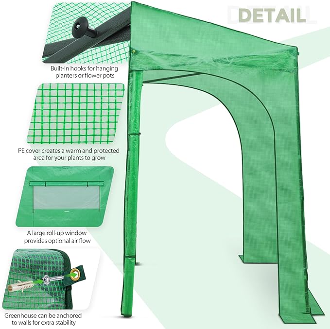 EAGLE PEAK Instant Pop-up Greenhouse, Indoor Outdoor Plant Gardening Green House, Roll-Up Zipper Doors and Side Windows, Lean-to 10x5 ft, PE Cover, Green/Clear