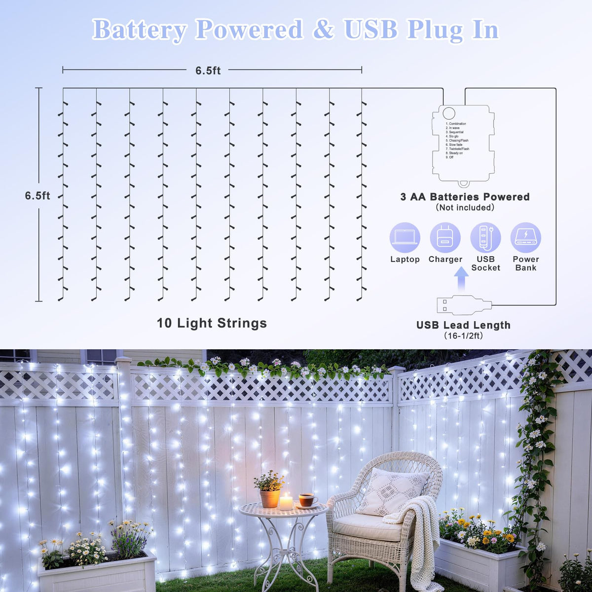 JMEXSUSS 200 LED Curtain Lights Battery Operated & USB Plug in