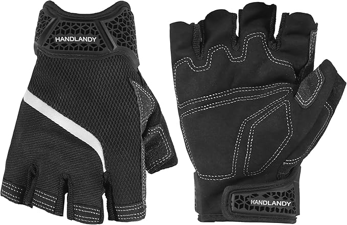 HANDLANDY Fingerless Work Gloves for Men, Half Finger Working Glove Grip Shock-Absorbing Breathable Uwrist TPR Anti-collision Gloves for Mens & Women (Black, XL)