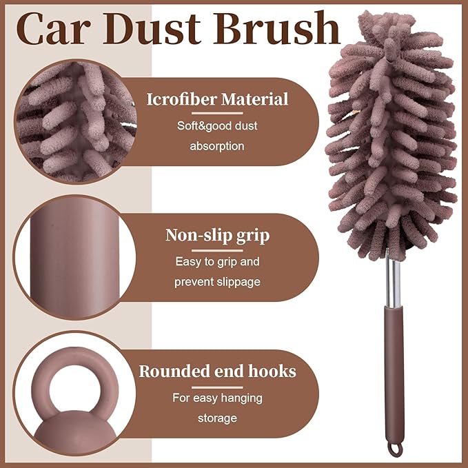 2 PCS Car Interior Duster with Extension Pole, Microfiber Car Dusters with Bendable Head, Cars Duster Exterior&Interior Scratch Free, for Cleaning of Vehicle Details, Offices, Window, Furniture(Brown)