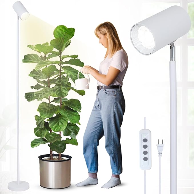 HMVPL White Grow Lights for Indoor Plants Full Spectrum,Tall Plant Light for Indoor Growing with 20W COB Plant Light Bulb,4/8/12H Timer,Led Growth Floor Lamp for Large Plant Seedling(6 Level Height)