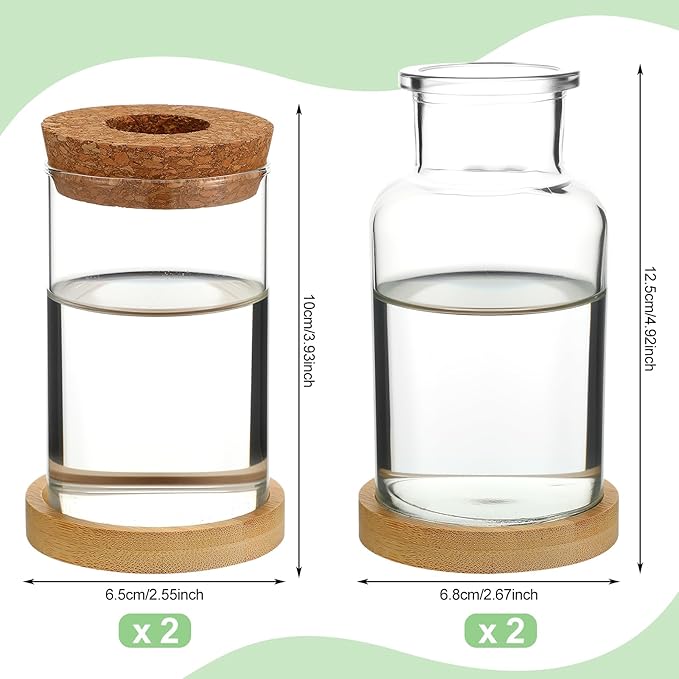 Layhit 4 Pcs Plants Propagation Stations vases Glass Planters with Wooden Lid and Bamboo Stand for Hydroponic Plants Gardening Gifts for Women Mom Home Office Tabletop Decoration(Wide Mouth Style)