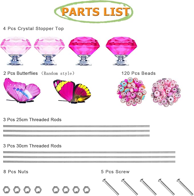 145 PCS Beaded Garden Stakes Kit, DIY Fairy Wand Garden Stake Beads Kits with Assortment Large Hole Beads 4 Crystal Stopper Top 2 Colored Butterfly Tops and Threaded Rods for Outdoor Indoor Decor