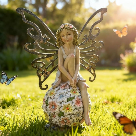 Flower Fairy Garden Decor,Garden Fairy Statues Outdoor,Solar Powered Outdoor Fairy Figurine Accessories,Patio Lawn Yard Porch, Resin Ornaments for Outside Gifts,9.45 Inches Tall