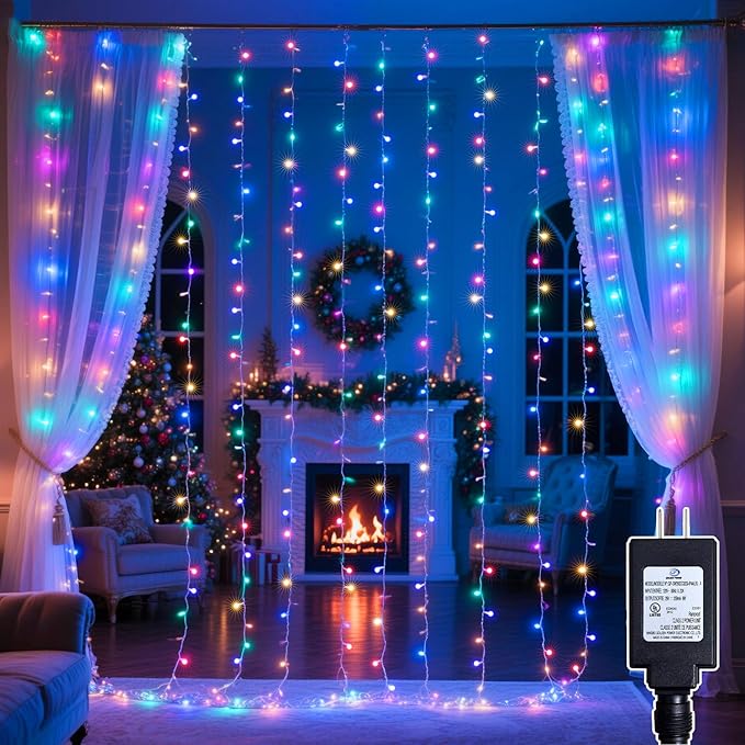 300 LED Rainbow Curtain String Lights 9.8 * 9.8FT Plug in Fairy with Timer and 8 Modes, Waterproof Window Wall Lights for Bedroom Wedding Party Indoor Outdoor Christmas Decor