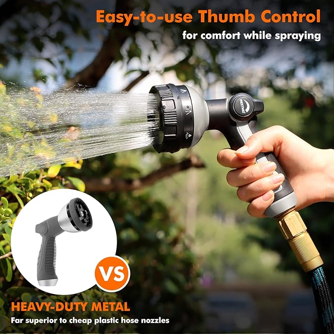 RESTMO Full Shower Hose Nozzle, Metal Spray Nozzle for Garden Hose, 8 Spray Patterns, Water Hose nozzle with Thumb Control, Ideal for Outdoor Lawn & Plant Watering, Car & Pet Washing, Silver