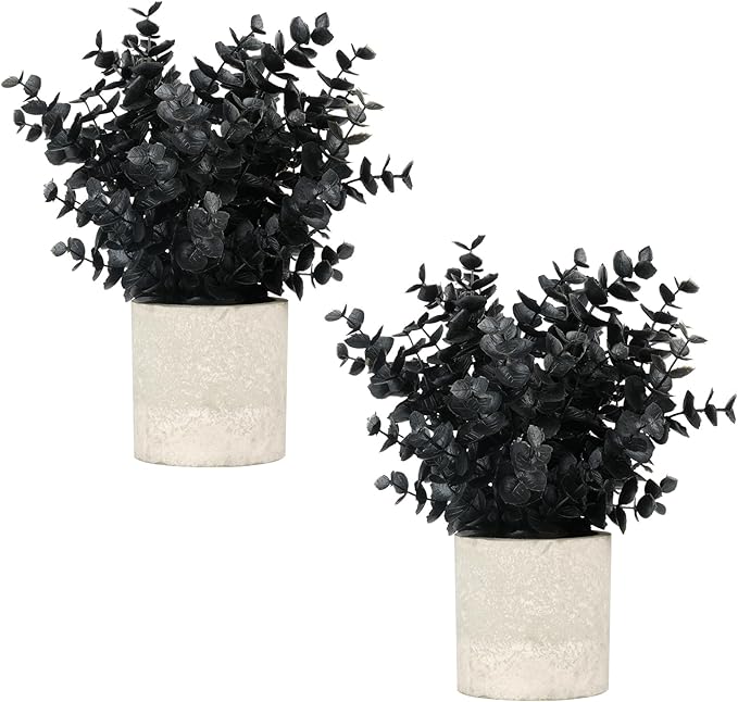 Velener 2 PCS Small Fake Eucalyptus Plant Artificial Potted Plants Indoor for Christmas Decor Indoor Realistic Faux Plant for Office, Bathroom, Living Room, Desk, Shelf, Home Decor (Black)