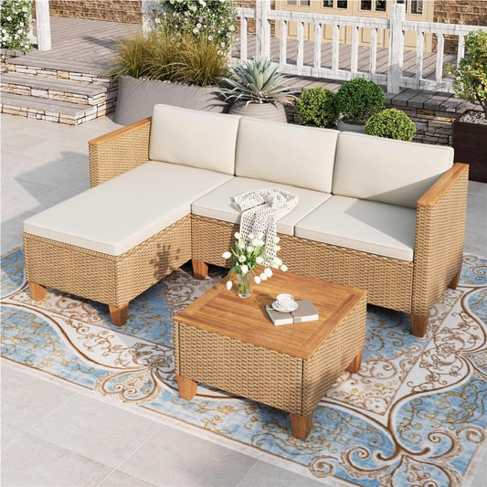 3 Piece Small Patio Furniture Set with Coffee Table, L Shape Wicker Sectional Sofa Outdoor Conversation Set, Yellow Rattan Couch for Garden Backyard Balcony, Space Saving Outdoor Seating