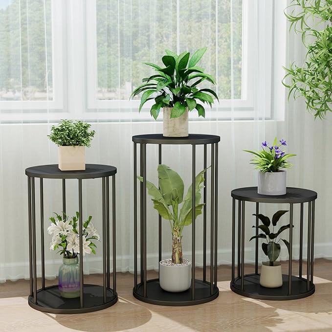 Leinade Plant Stand Indoor,small plant stool,Flower Pot Corner stand holder,Mid Century Heavy Duty Metal Tall Home Decor,Modern Round End Table,Small Rustic Display Stand for Living Room,Bedroom(Black,3 Packs)