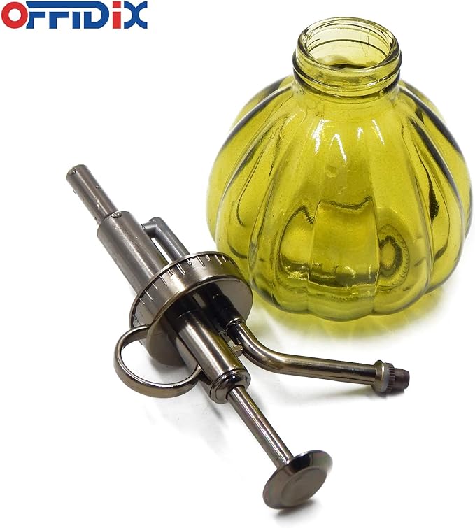 OFFIDIX Plant Mister,Glass Spray Bottle Small Watering Can Indoor 6.3" Tall Vintage Pumpkin Style Plastic Top Pump One Hand Mister Spray Bottle for Indoor Potted Plants (Olive Green)
