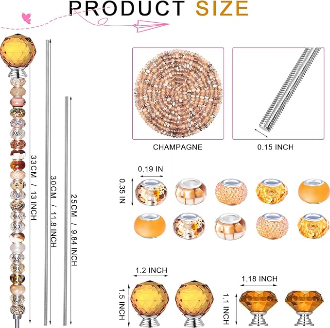 119 Pcs Garden Stake Diy Fairy Wand Plant Stake with Champagne Large Hole Beads Crystal Diamond Stopper Top 4 Stainless Steel Threaded Rod Beaded Garden Stakes For Outdoor Indoor Yard Patio Decoration