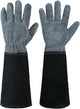 HANDLANDY Long Gardening Gloves for Men & Women, Cowhide Leather Rose Pruning Gloves, Breathable Thorn Proof Gauntlet Glove (Dark Grey-Black, L)