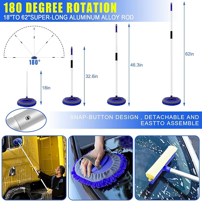 21Pcs Car Wash Kit,62" Car Wash Brush Mop with Long Handle,Car Cleaning Kit,Car Detailing Brush Set,Car Wash Bucket with Filter,Windshield Window Squeegee for Cars RV Truck Boat (Blue)