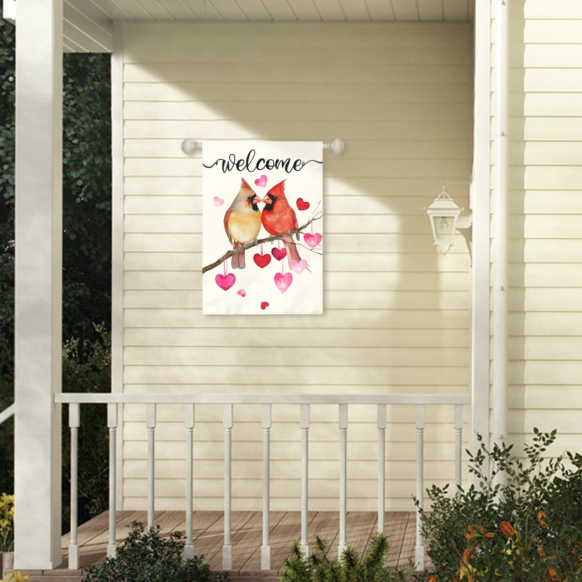 Dacawin Welcome Valentine's Day Garden Flag Cardinal Love Heart Vertical Double Sided House Banner Holiday Anniversary Wedding Red Birds Large Yard Flags Farmhouse Valentines Day Decor 28 x 40 Inch