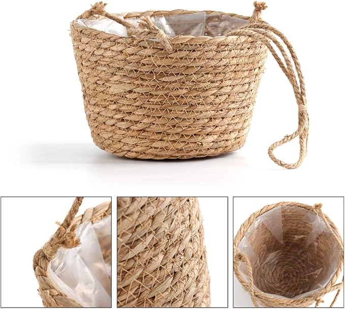 Hanging Planters for Indoor Plants, Hanging Planter with Jute Rope Woven Hanging Flower Pots Hanging Plant Holder Hanging Basket Retro Style Straw Basket for Office Party (1 Pack)