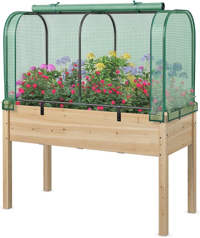 Toolsempire Raised Garden Bed with Greenhouse, Waterproof Sun-Protective Green House with Roll-Up Door & Electroplated Metal Frame, Fir Wood Elevated Planter Box with Drainage Holes(Green+Natural)