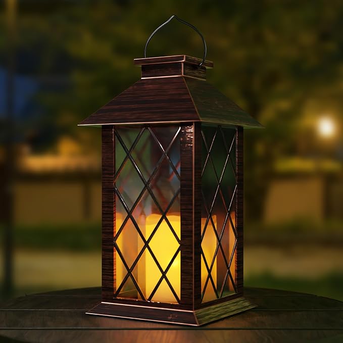 Outdoor Solar Lanterns, Waterproof Hanging Lantern with LED Flickering Flameless Candle, 13'' Bronze Outdoor Solar Powered Lantern Decor for Porch Patio Garden Balcony Pathway, 1 Pack
