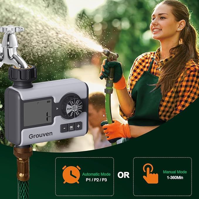 Programmable Garden Sprinkler Timer – Digital Hose Faucet Watering Controller with Brass Inlet, Rain Delay & Manual Mode – Automatic Irrigation System for Lawn & Outdoor Plants