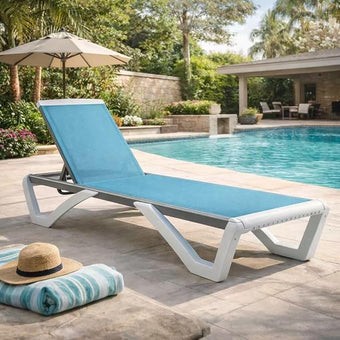 Kozyard Outdoor Chaise Lounge Chair, Full Flat Adjustable Patio Lounger with Aluminum Frame & Resin Legs, Textilene Fabric for Poolside, Backyard & Beach (Aqua/WhiteFrame, Chair)