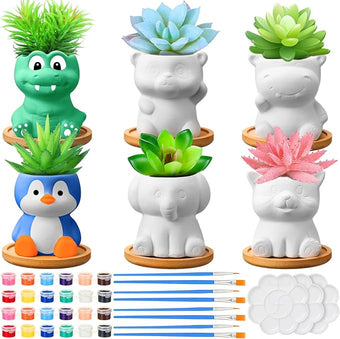 Ninehaoou 6 Sets Ceramic Succulent Pots with Drainage Color Paints Paintbrushes Palettes Paintable Succulent Flower Pots DIY Figurines Paint Craft Kit for Classroom(Cute Animal)