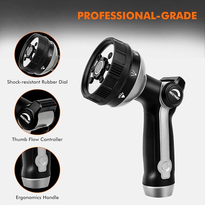 RESTMO Full Shower Hose Nozzle, Metal Spray Nozzle for Garden Hose, 8 Spray Patterns, Water Hose nozzle with Thumb Control, Ideal for Outdoor Lawn & Plant Watering, Car & Pet Washing, Silver