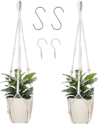 Macrame Plant Hanger Indoor Hanging with Wood Beads Macrame Planters No Tassel for Indoor Outdoor Boho Home Decor 35 Inch (Ivory,2pcs)