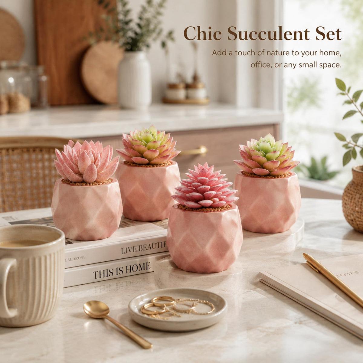 Tiita Mini Rose Gold Artificial Succulents in Pots, 4 Pack for Desk Decor