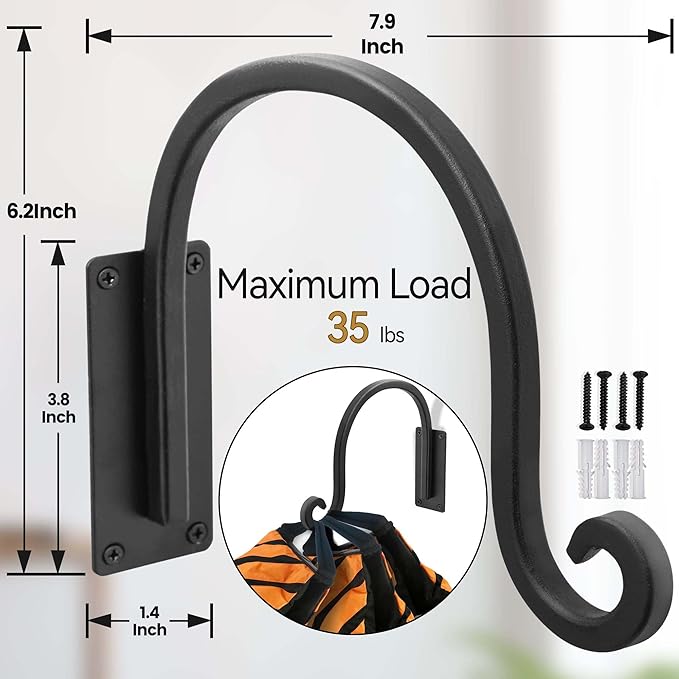 Lifyzoon Heavy Duty Plant Hanger Bracket (8"/Black) Outdoor Hand-Forged Hanging Plant Bracket Durable and Stable Bird Feeder Hanger