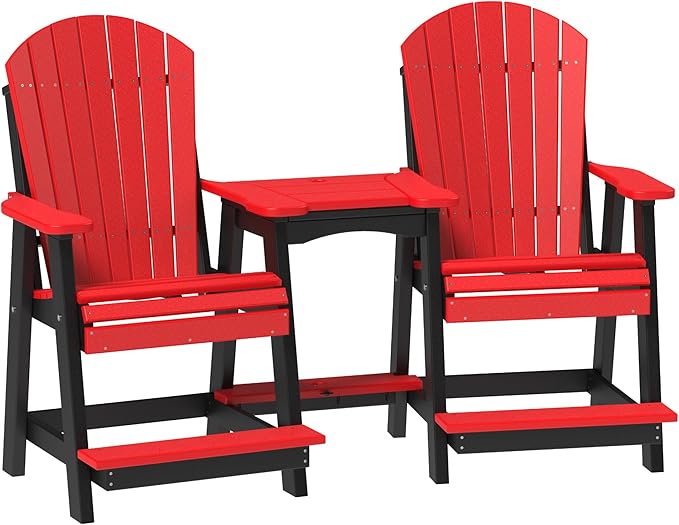 LuxCraft Poly Tete-a-Tete Patio Table and Counter Height Balcony Chairs with Umbrella Hole, Weatherproof Outdoor Patio Furniture Set for Outside - Amish Made in USA (Red & Black)
