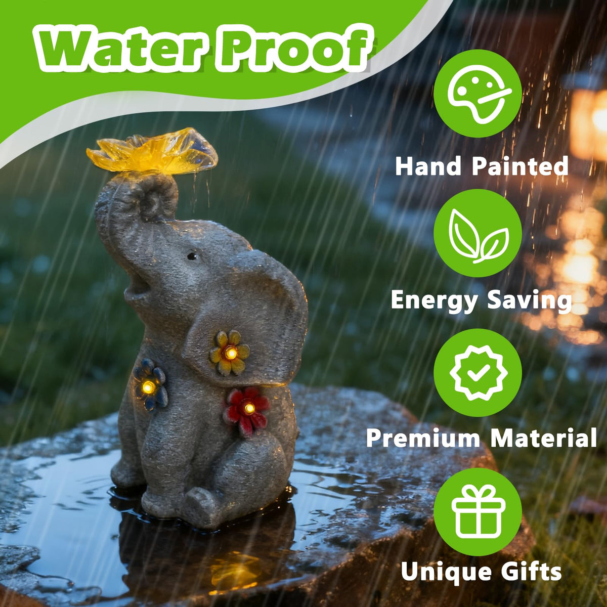 Solar Elephant Garden Statue with Butterfly Light and Glowing Flower