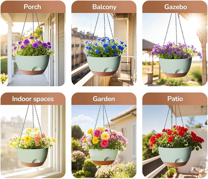 LESOASIS 12 Inch Hanging Baskets for Plants Outdoor, Hanging Planters for Indoor Outdoor Plants, Hanging Planter with Self Watering, Hanging Flower Pots (Green)